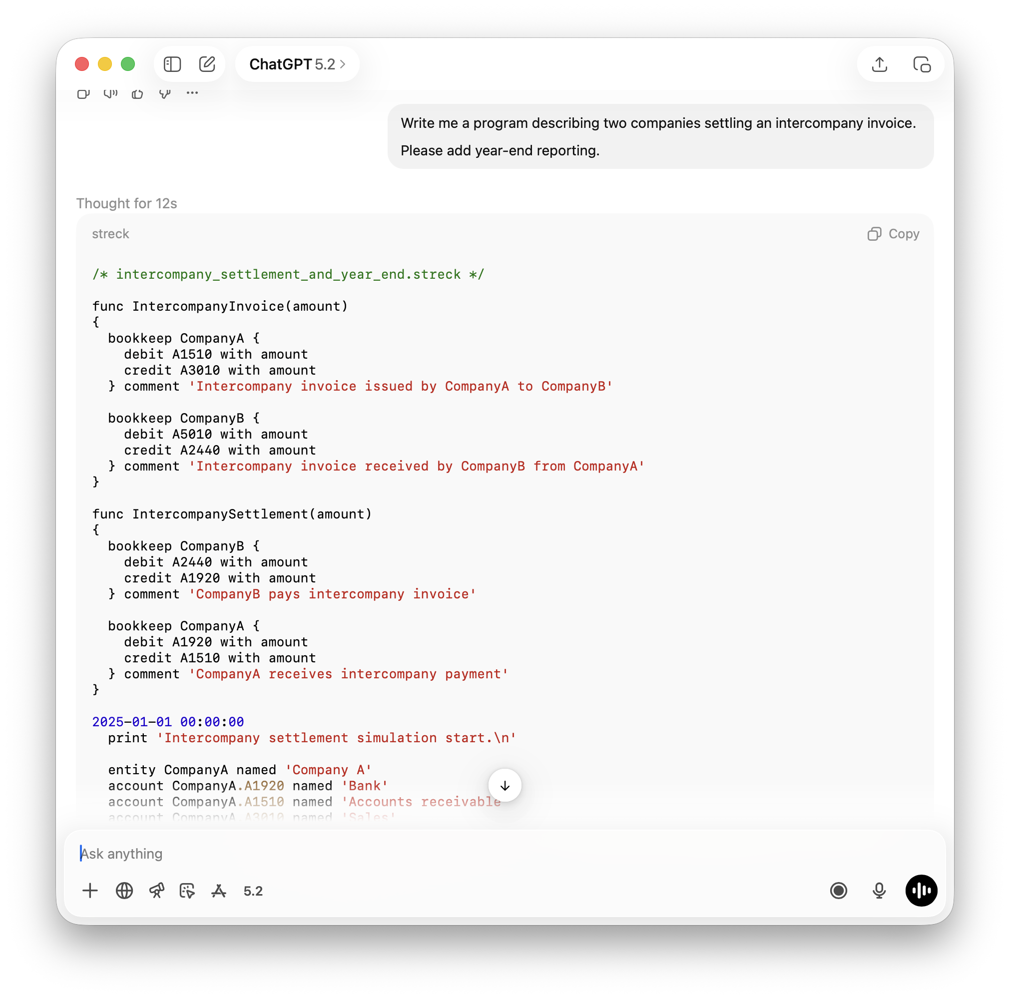 Generated Streck daybook and accounting scenario
